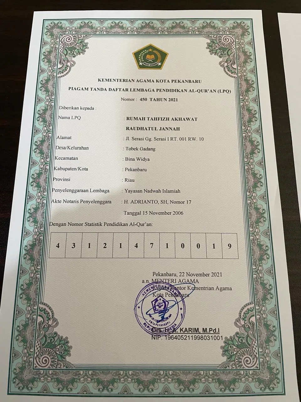 Piagam Lembaga Pendidikan Al-Qur'an milik RTA Raudhatul Jannah